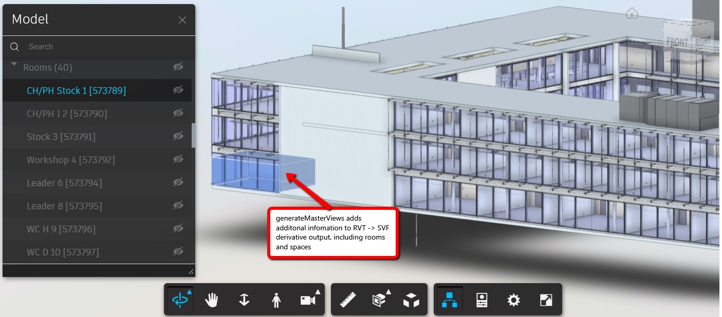 New RVT->SVF Model Derivative parameter generates additional content, including rooms and spaces.