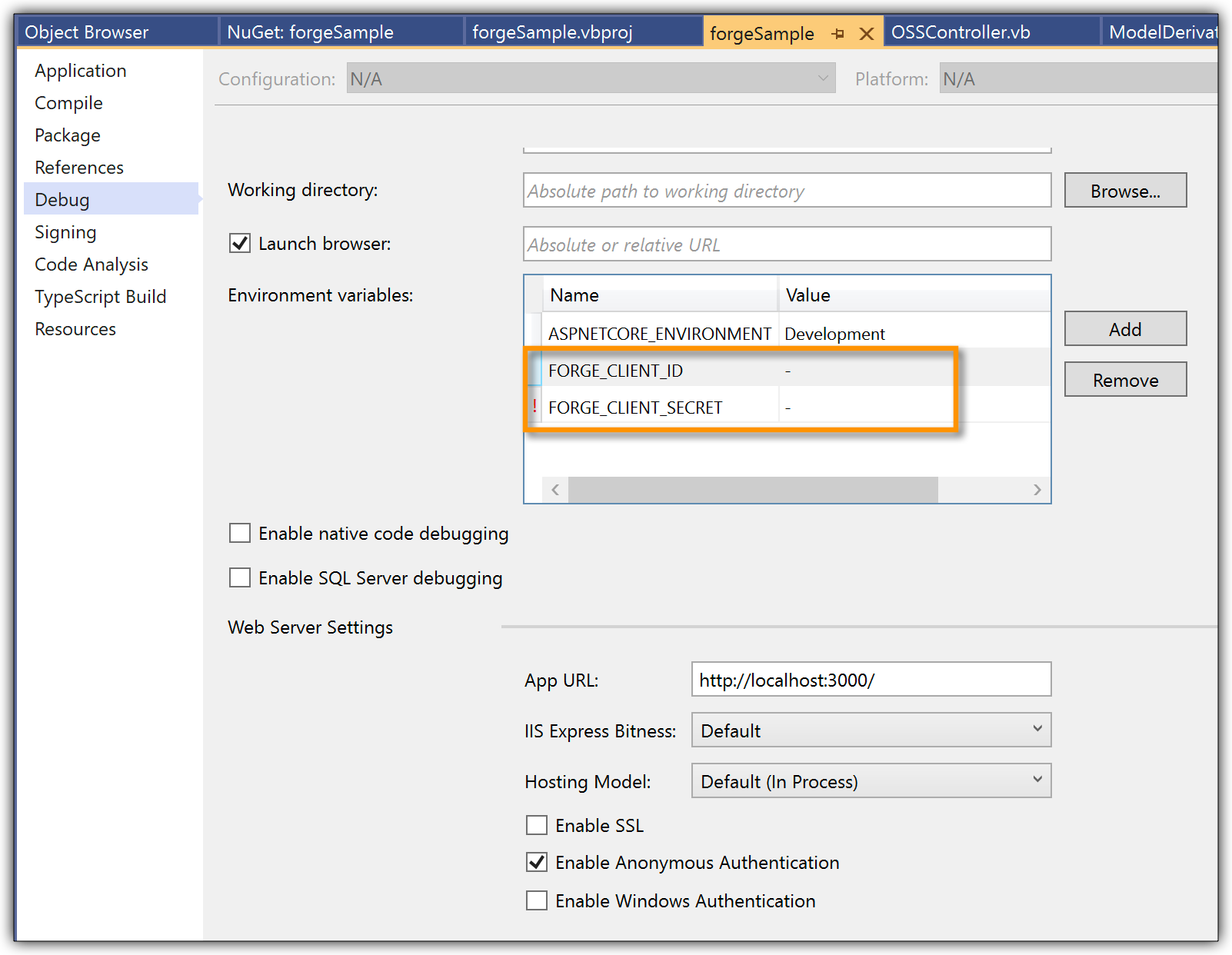 Add credentials in project settings