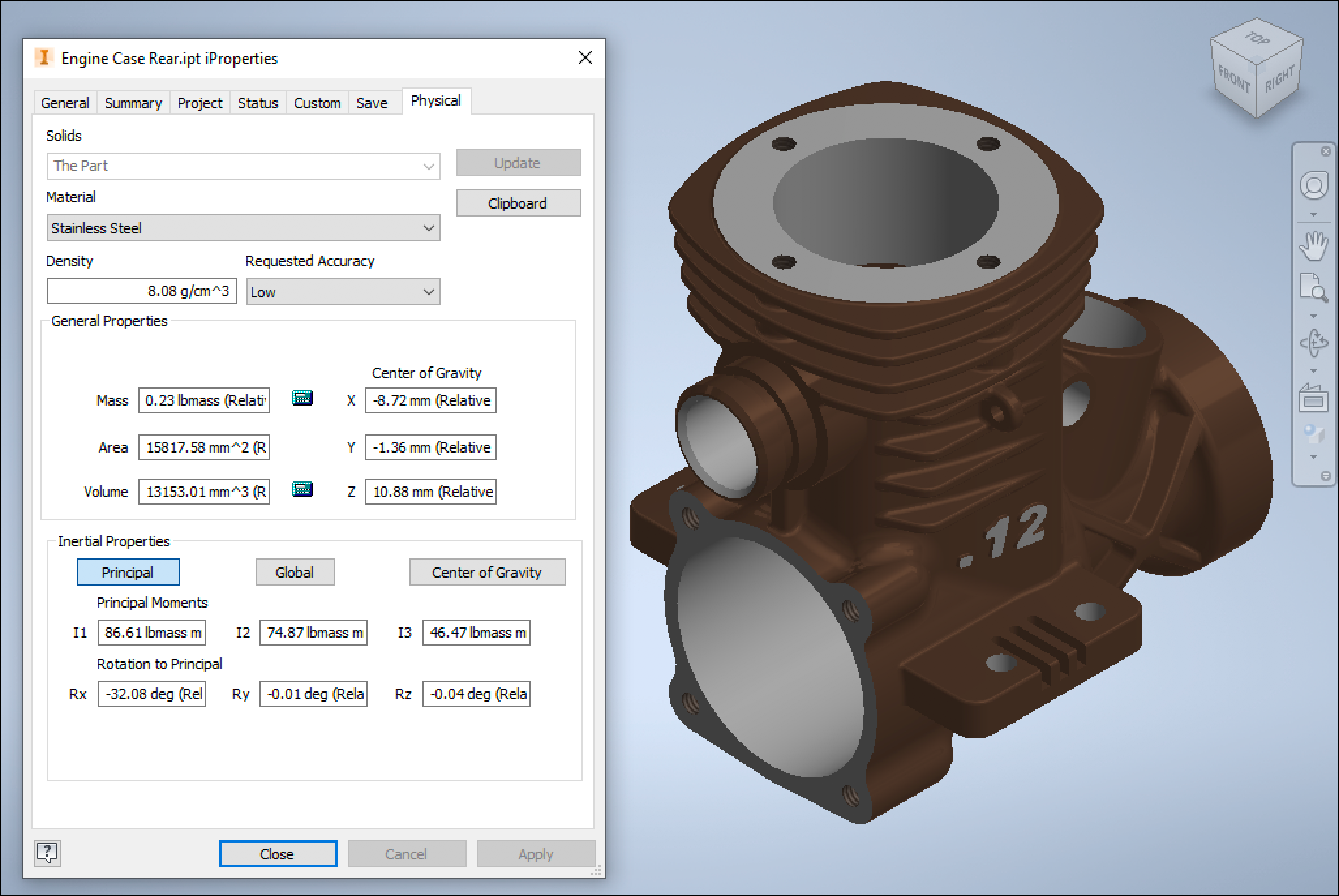 Volume and Surface Area values in Inventor