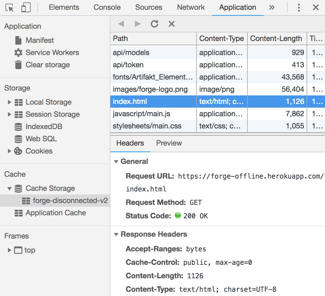 Cache storage in Chrome DevTools